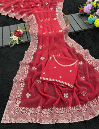 Women's  New Latest Bollywood Fancy Party Wear Premium Shimmer embroidery and  Swaroski  Work with Fancy cut work border Saree With Blouse