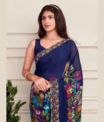 TTH Georgette Printed Saree With Unstitched Blouse Piece ( Blue )