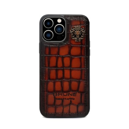 Tan Deep Cut Croco Textured Leather Mobile Cover With Metal Lion Logo by Brune & Bareskin-11