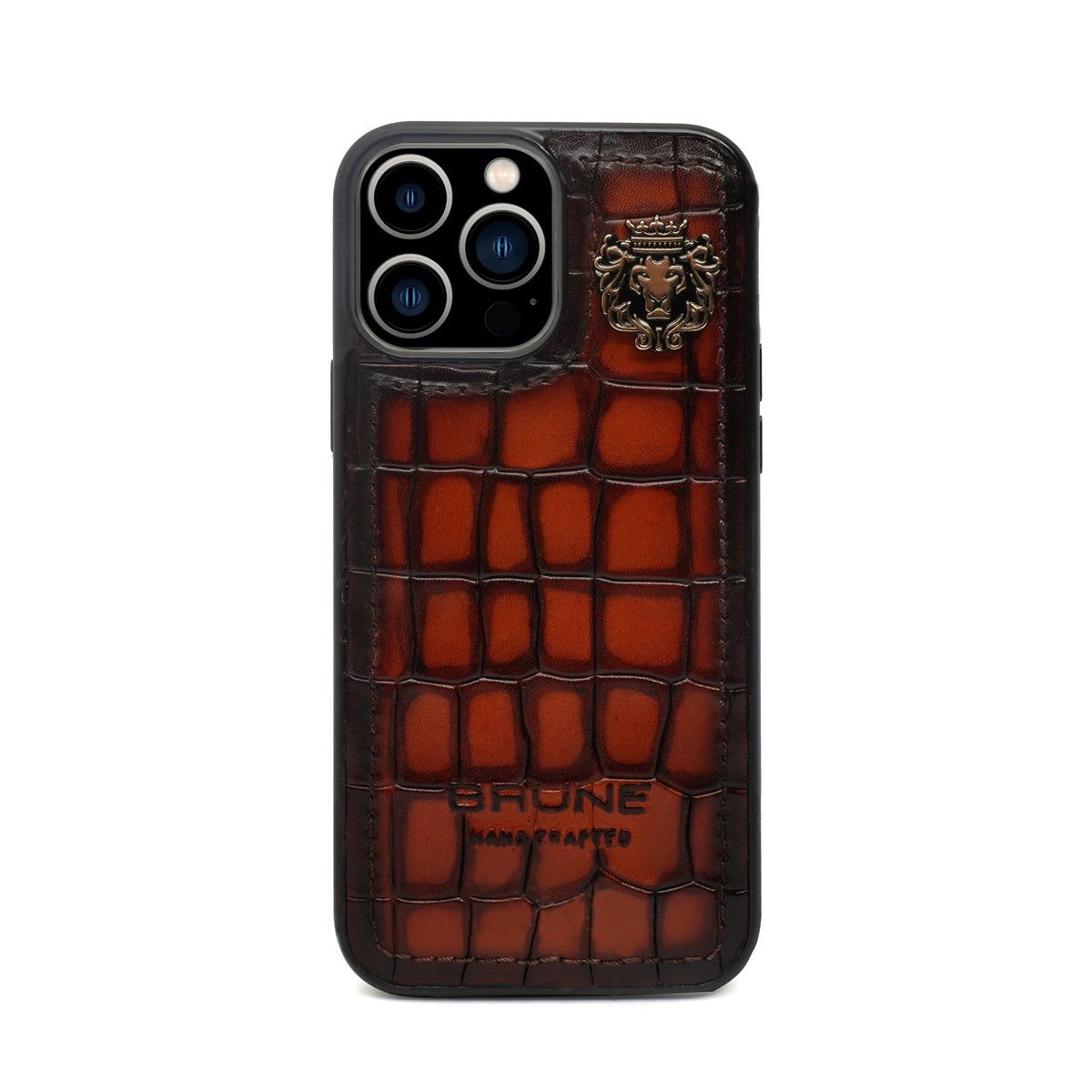 Tan Deep Cut Croco Textured Leather Mobile Cover With Metal Lion Logo by Brune & Bareskin-11