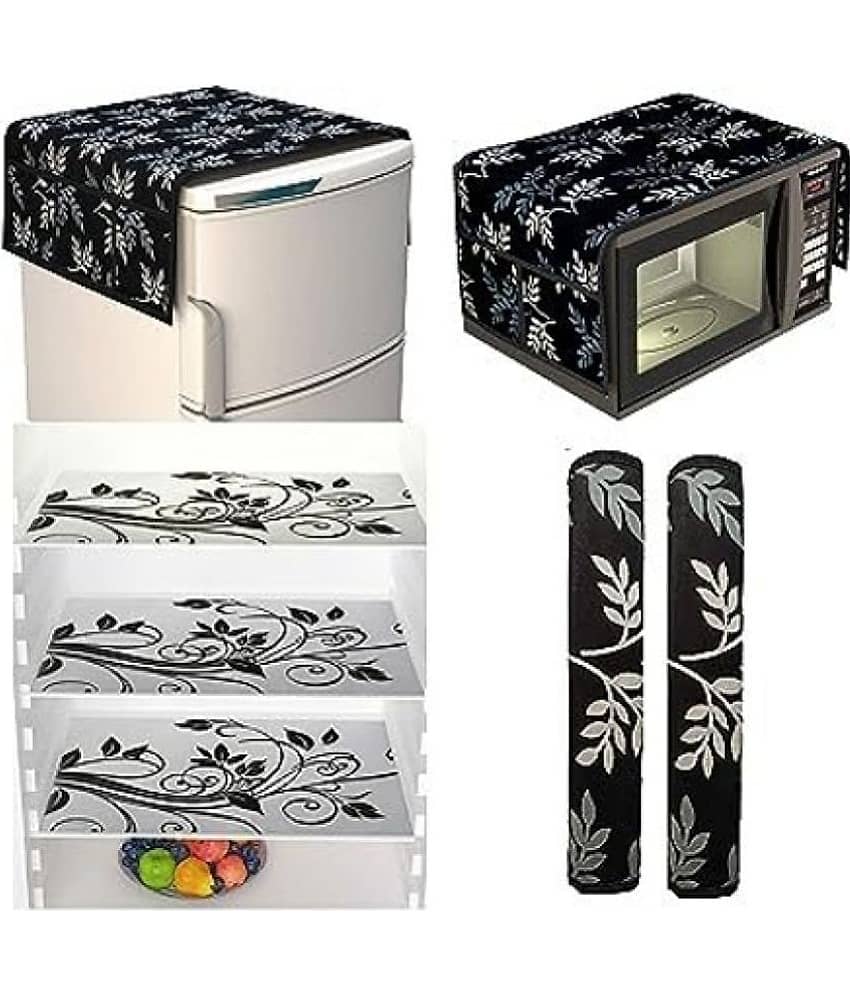 Crosmo Polyester Floral Printed Fridge Mat & Cover ( 64 18 ) Pack of 7 - Black