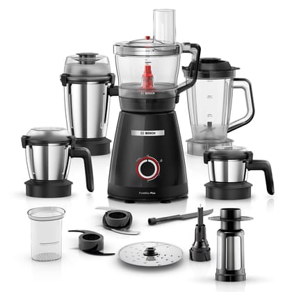 Bosch PureMixx Plus 800W | Mixer Grinder + Food Processor | 5 Jars | 40+ Functions | Atta Kneading, Chopping, Slicing | Coarse Grinding | Hands Free Operation | 7 Year Motor Warranty (MP8515A1KI) Bosch PureMixx Plus 800W | Mixer Grinder + Food Processor 