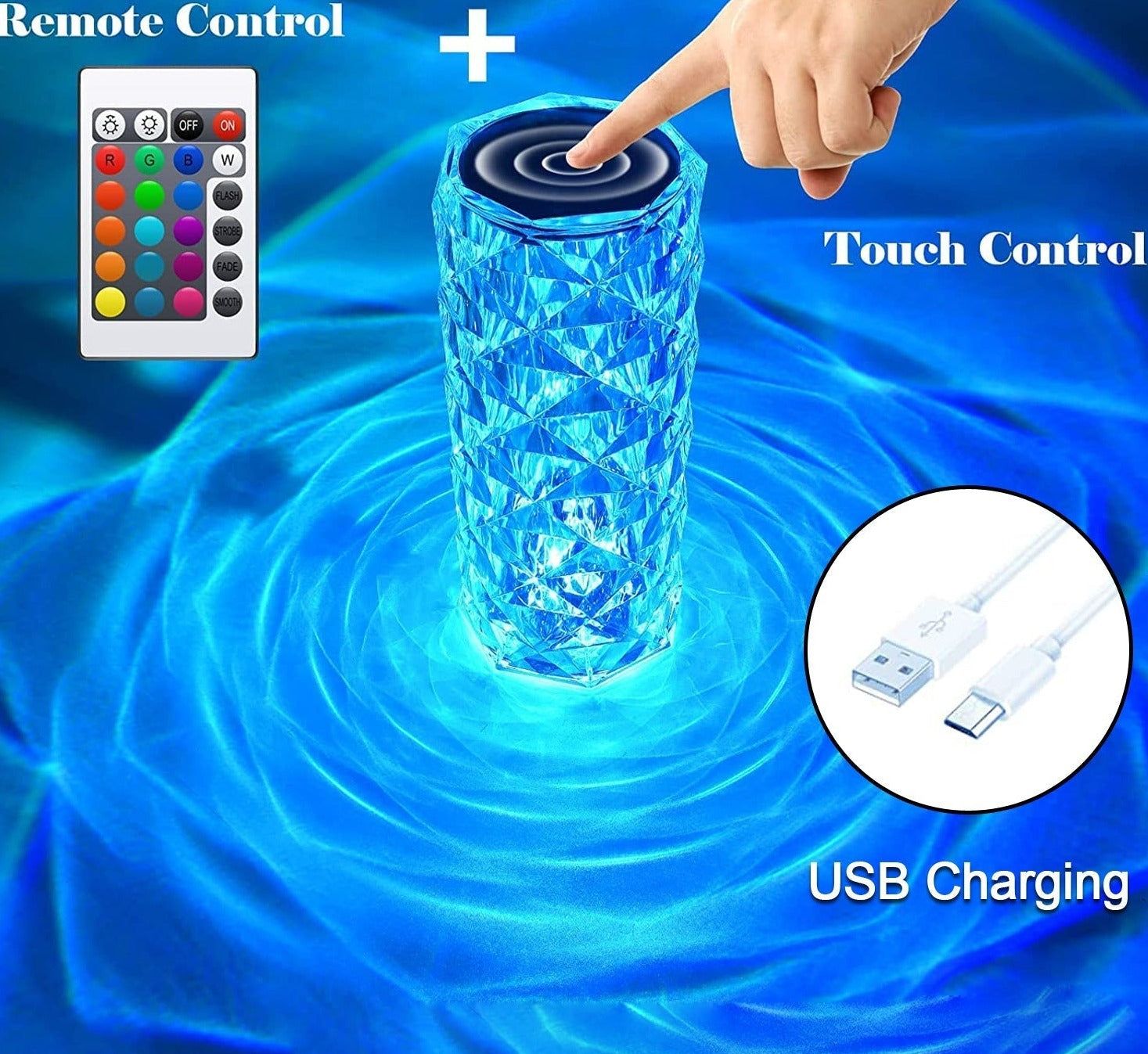 Crystal Touch Night Light (16 Colors) - Rose Diamond Table Lamp with Remote Control, USB Powered