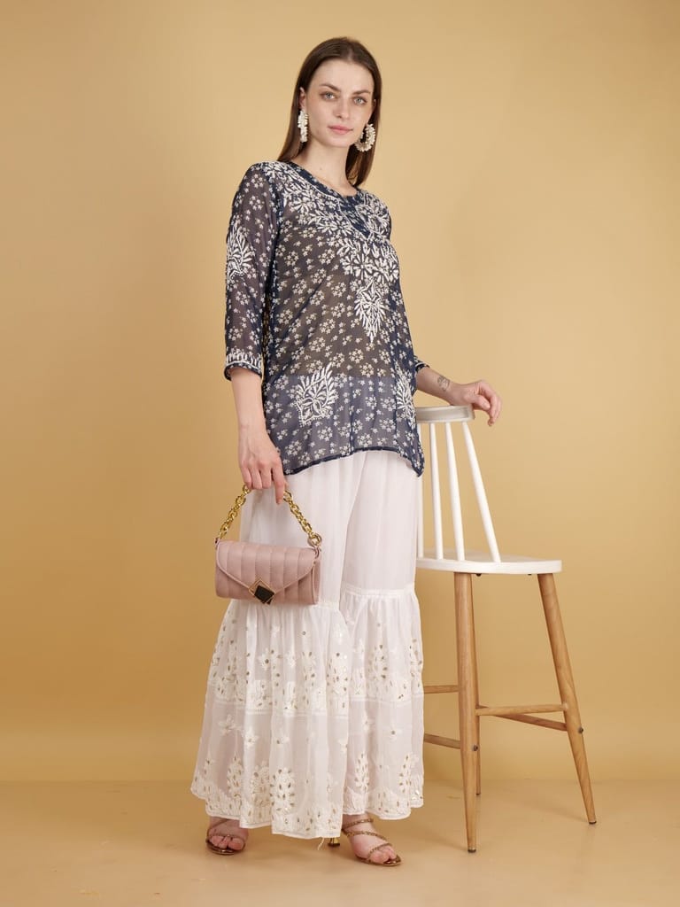 Hand Embroided Lucknow Chikankar Short Straight Georgette Kurta