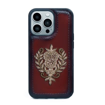 Apple iPhone Series Dark Brown Leather Crest Zardosi Mobile Cover-14PRO