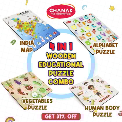 Chanak 4-in-1 Wooden Educational Puzzle Combo – Human Body, Alphabet, Vegetables & India Map – Montessori Learning Set for Toddlers & Preschoolers Age 2+
