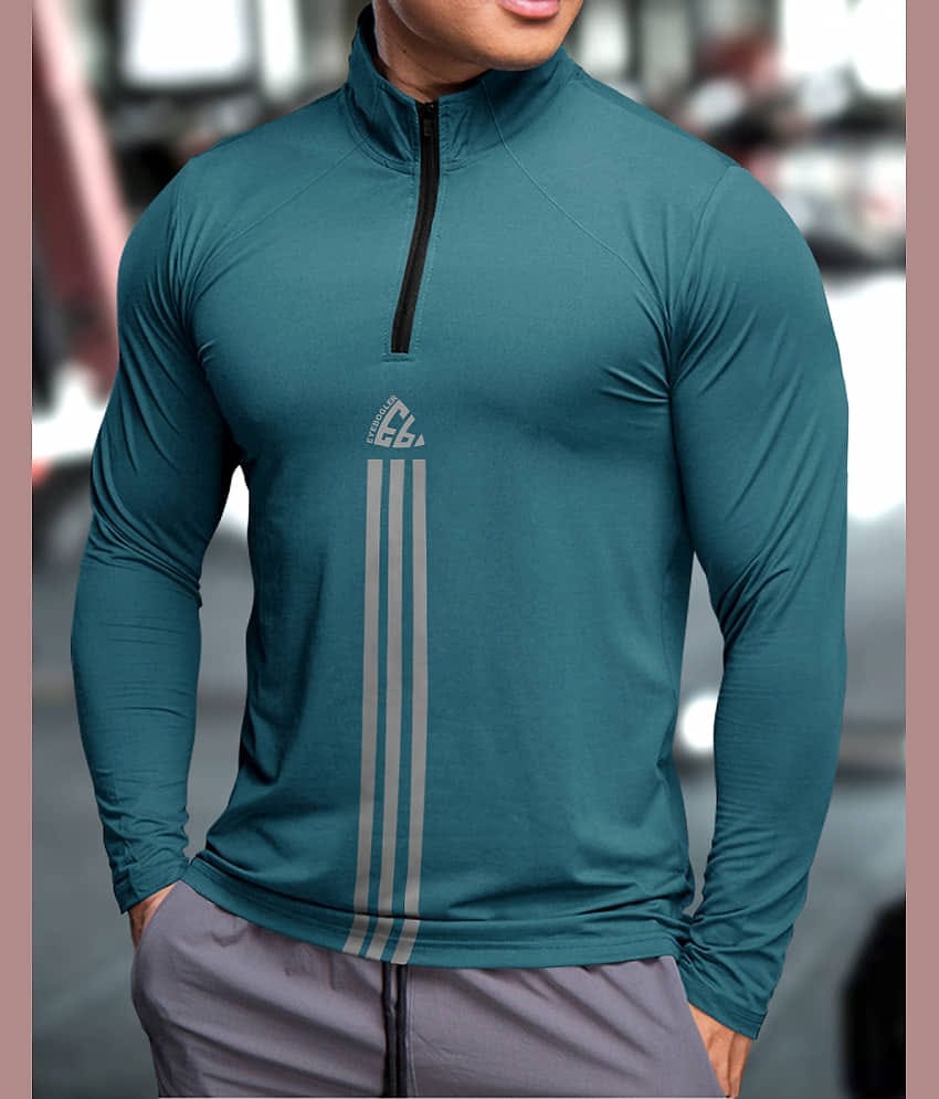 Eyebogler Polyester Regular Fit Striped Full Sleeves Men's High Neck T-Shirt - Turquoise ( Pack of 1 )