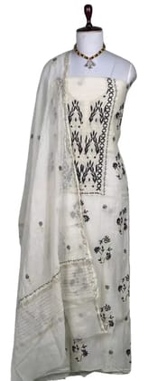 Chikankari Mul Chanderi Dress Material Ivory Navy Leaf Yoke