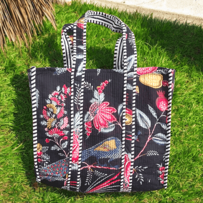 Handmade Quilted Tote Bag- Black Fruit