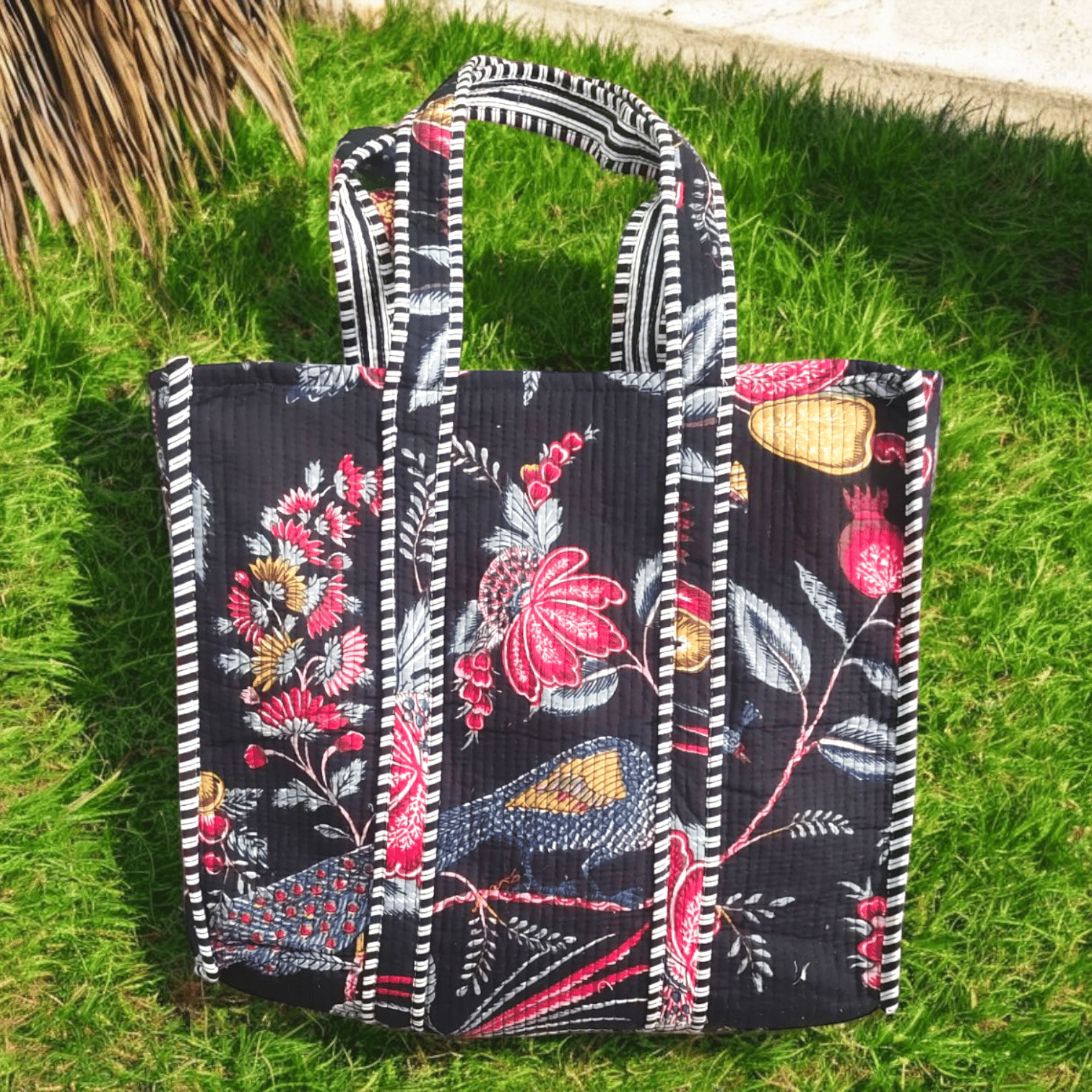 Handmade Quilted Tote Bag- Black Fruit