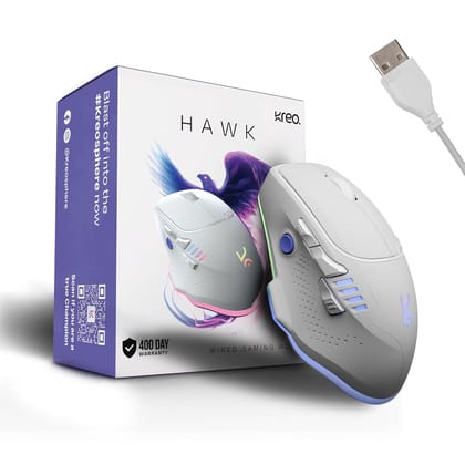 Kreo Hawk Gaming Mouse with Programmable Buttons & RGB Lighting | Top Pixart Sensor | Adjustable DPI with 1.5m Long Braided Cable and Optical Sensor | Lightweight & Durable (Hawk, White)