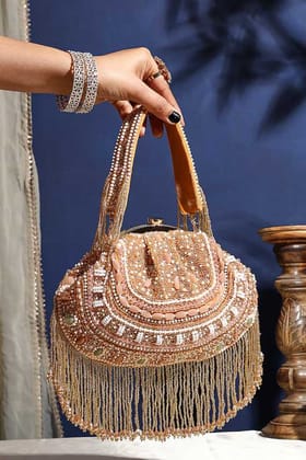 Golden Silk Bead Work Batua Bag