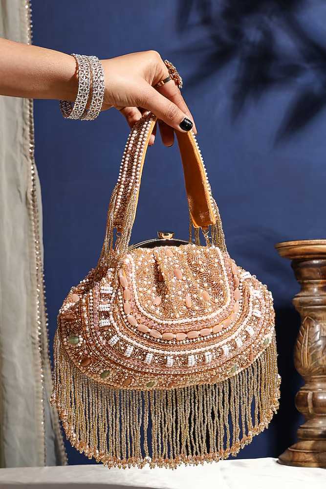 Golden Silk Bead Work Batua Bag