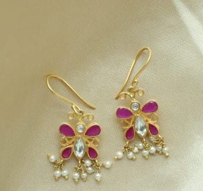 Silver Butterfly Dangling Earrings-Pink