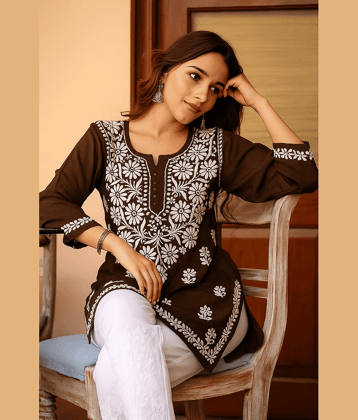 Estela Women Cotton Blend Solid Straight Kurti ( Brown )
