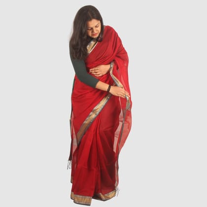 Royal Red Maheshwari Silk Cotton Handloom Saree with Gold and Silver Zari Borders