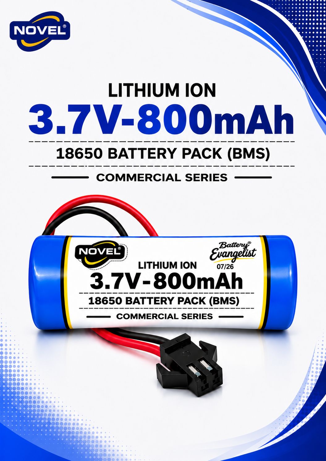 NOVEL 3.7V 18650 LITHIUM ION SM PIN BATTERY WITH CHARGING CABLE- 800mAh