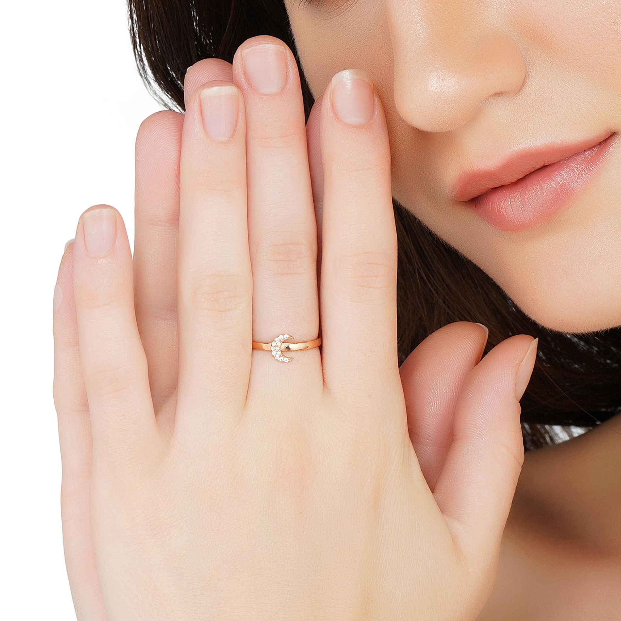 Crescent Moon Sterling Silver Ring-Rose Gold / Adjustable