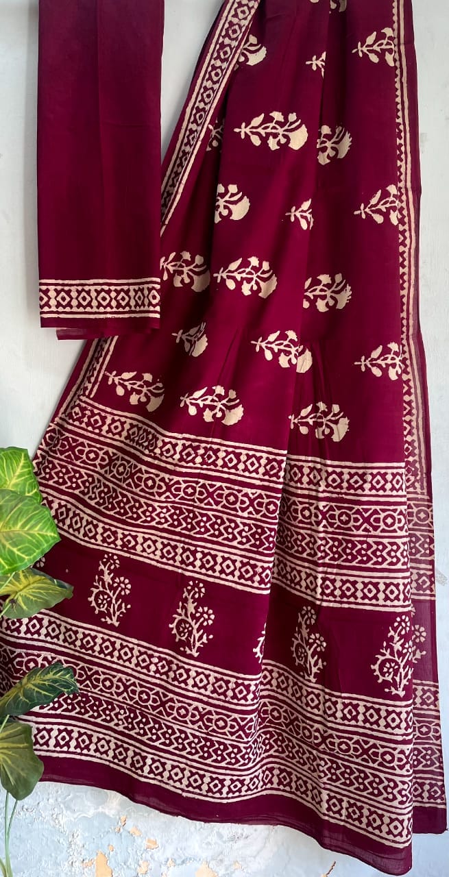 Chanderi Silk Sarees | Bagru print With attached blouse