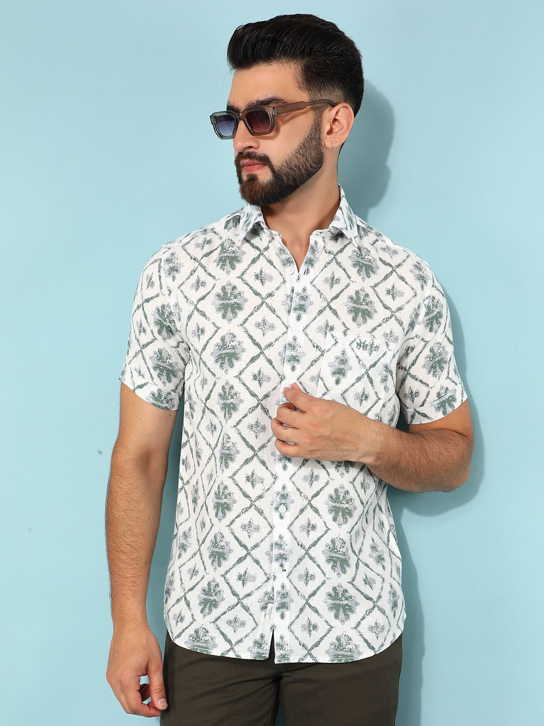 Green Floral Print Linen Shirt-M / Green