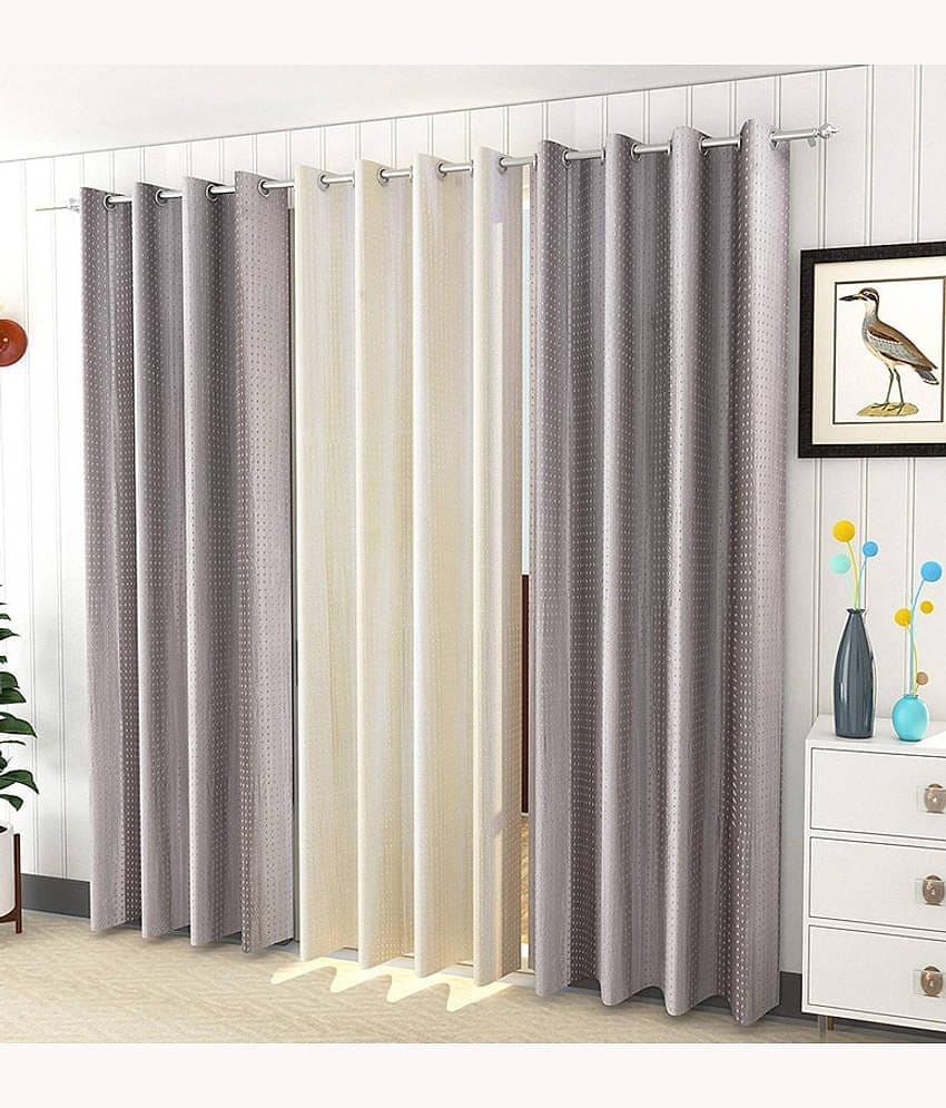 Kraftiq Homes Solid Semi-Transparent Eyelet Curtain 9 ft ( Pack of 3 ) - Multicolor