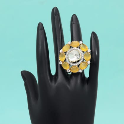 Yellow Color American Diamond Finger Ring-Default Title / Yellow / Brass With Good Quality Silver Plated