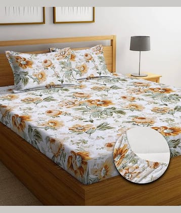 SHOMES Cotton Floral Fitted 1 Bedsheet with 2 Pillow Covers ( Double Bed ) - Cream