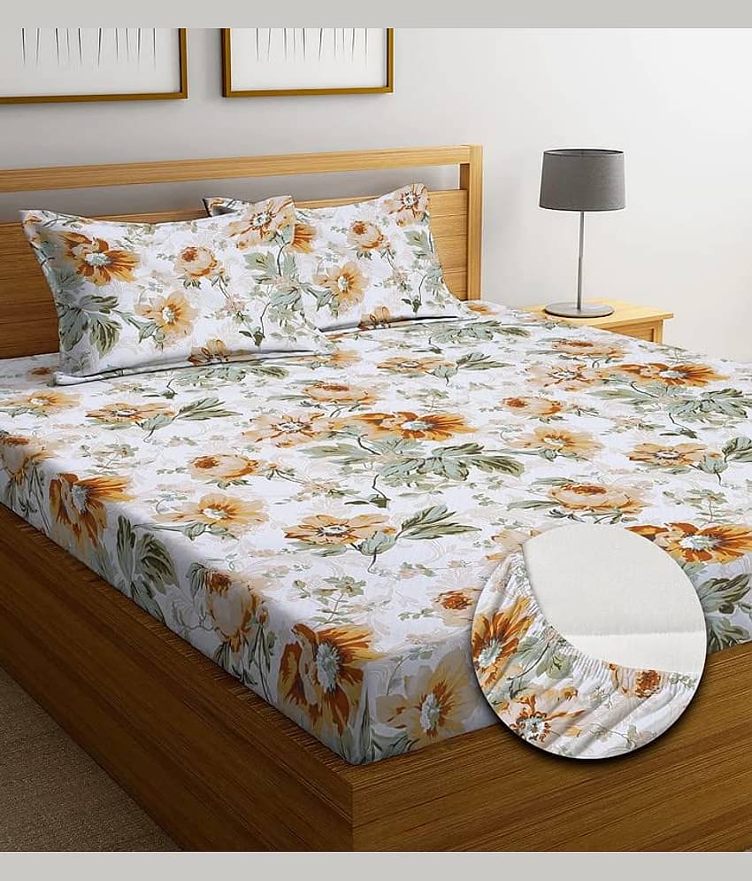 SHOMES Cotton Floral Fitted 1 Bedsheet with 2 Pillow Covers ( Double Bed ) - Cream