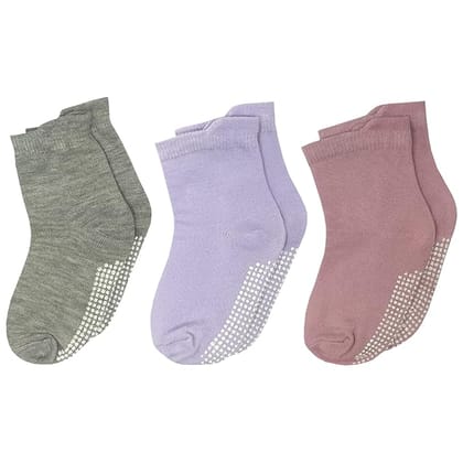 USOXO Kids Toddler Socks I Combed Cotton Stylish Solid Non-Slip Ankle Crawling with Grips I Anti-Skid, Comfortable Sock for Girls Boys Children Grey, Purple & Pink