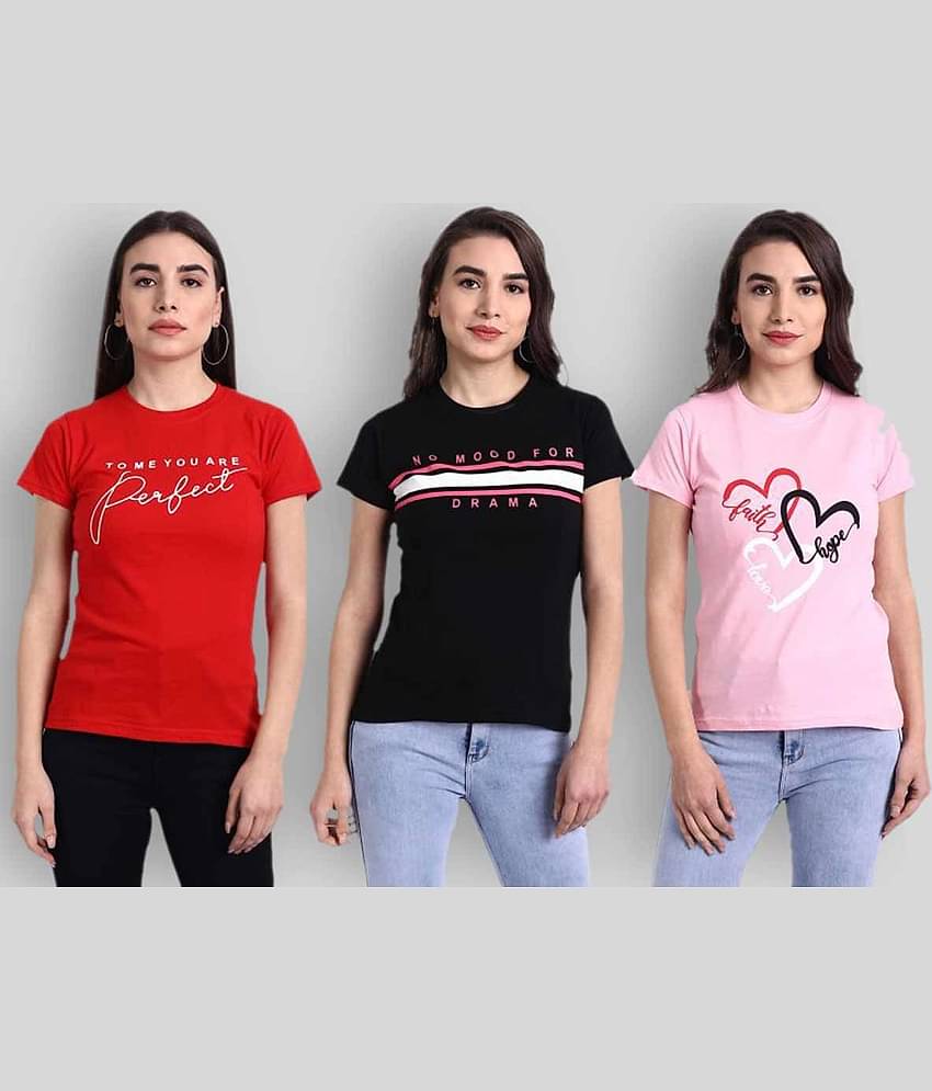 Fabflee Women Cotton Printed Regular Fit Round Neck T-Shirt ( Multi Color )