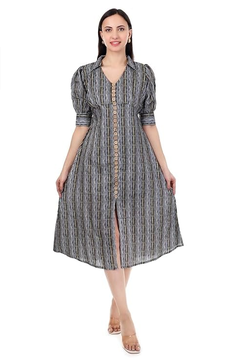 MR ANDERSONS Women’s Striped Midi Dress Puff Sleeve Button Down Fit and Flare