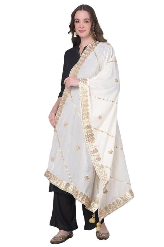 Women's Velvet Gotta Patti Dupatta (White)-PID46975