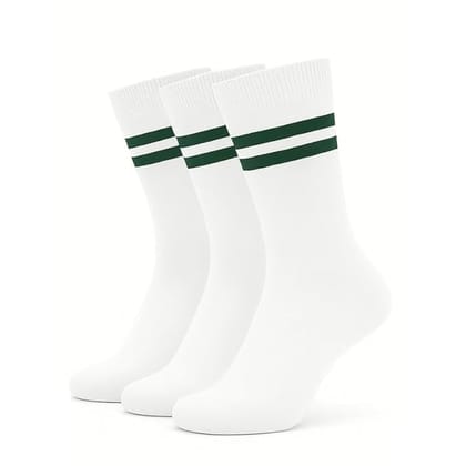 Wens White School Socks With Strips for Girls, Boys, Kids and Men of All Ages (Pack of 3) | Heavy Elastic, Streachable & Comfortable Fit | Calf Length Uniform Socks | Anti Odour    White with GREEN stripes