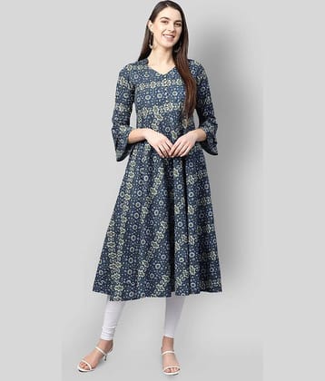 Yash Gallery Pack of 1 Cotton Blend Printed Flared Women's Kurti - ( Blue )