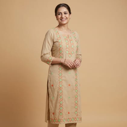 Hand-Embroidered Unstitched Pure Cotton Dress Material | Beige Hand-Embroidered Unstitched Pure Cotton Dress Material | Beige
