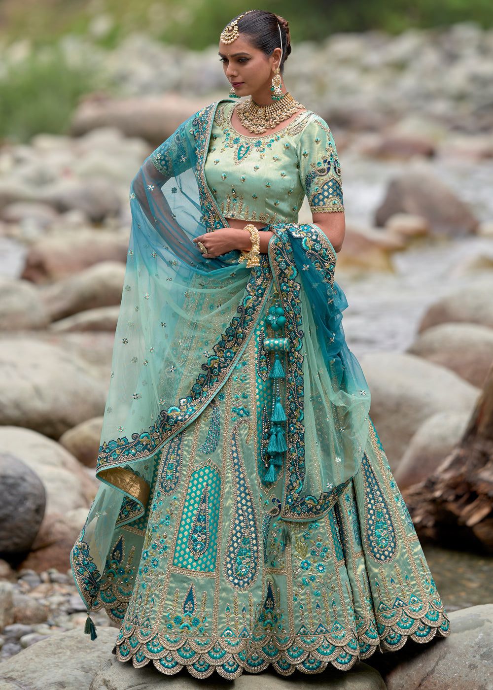 Turquoise Blue Heavy Embroidered Designer Lehenga Set