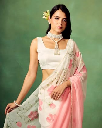 Blush Pink Pure Georgette Hand-Painted Floral Saree with White Motifs & Sequin Accents – Modal Satin Blouse-Regular