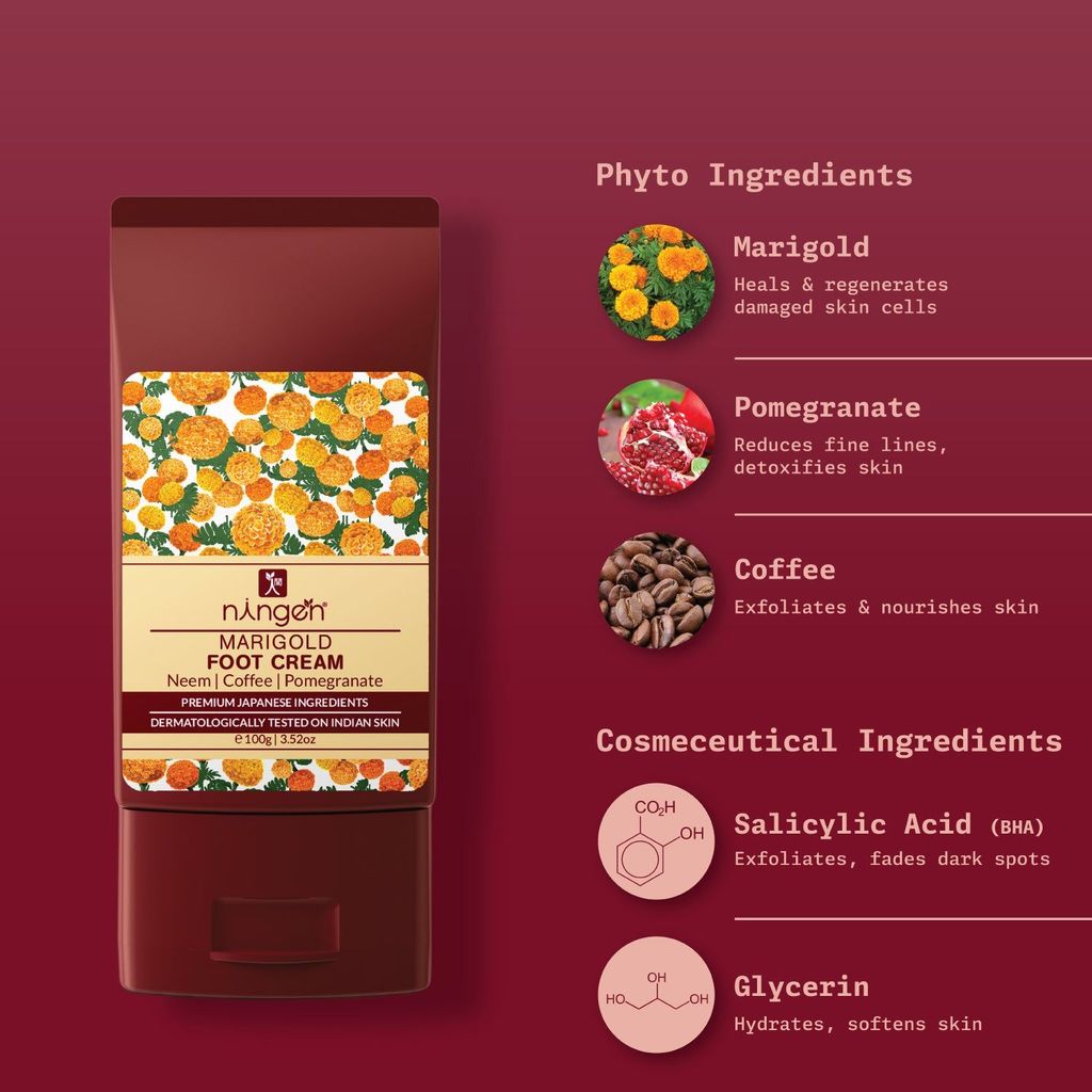 Ningen Marigold Foot Cream I Infused with Neem, Coffee and Pomegranate Extracts I Dermatologically Tested, Paraben Free I Softens, Repairs and Heals Ultra Dry Skin and Cracked Heels I 100g