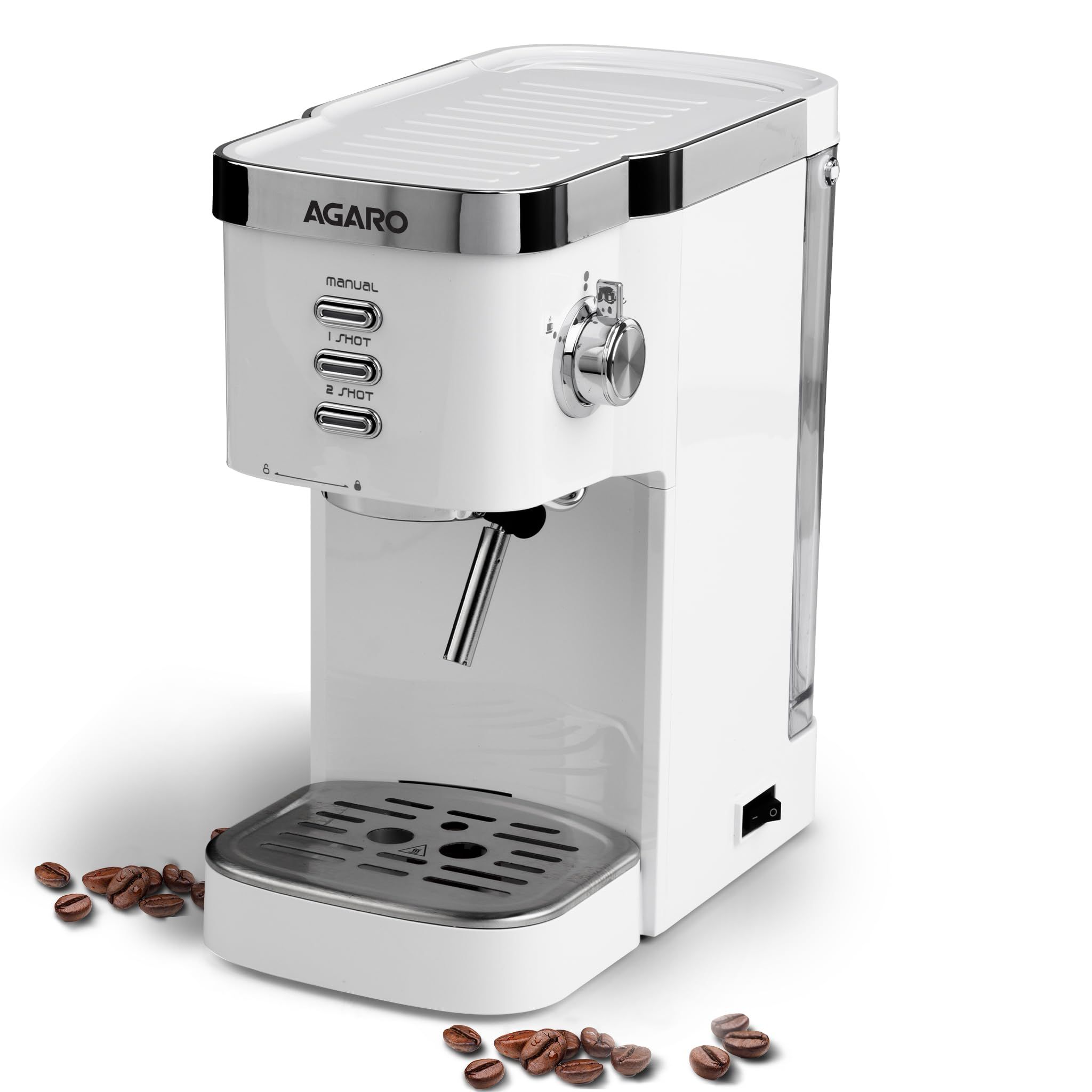 AGARO Regency Espresso Coffee Maker, Adjustable Pressure up to 20 Bars, Cappuccino Coffee Maker with Adjustable Foaming Milk Frother Wand for Steam Espresso, 1.2L Removable Water Tank, 1350W, White AGARO Regency Espresso Coffee Maker, Adjustable Pressure