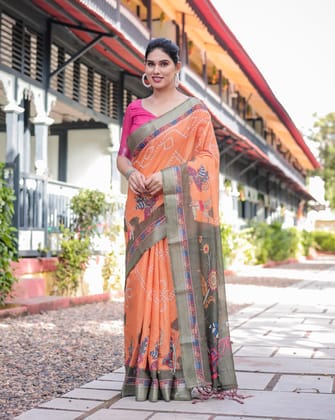 Orange and Olive Green Kalamkari Design Pure Cotton Linen Saree with Blouse and Tassels-Regular