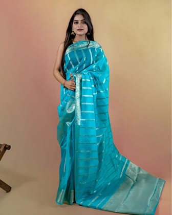 Cyan Blue Banarasi Brocade Organza Silk Saree