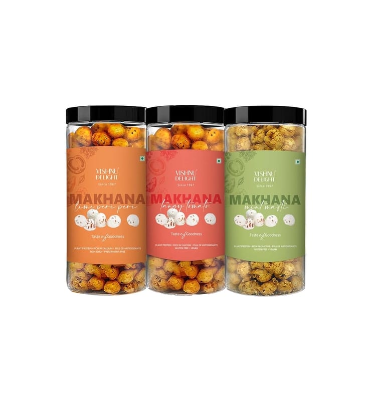 Vishnu Delight Organic Makhana Combo Pack - 3 of 90g Each flavor - Mint Masti, Fiery Peri Peri, Tangy Tomato - Crunchy, Deliciously, and Full of Flavorful Indian Spices Snacks