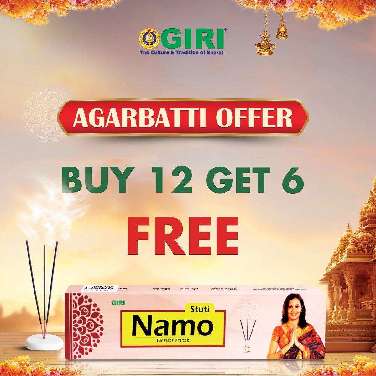 Giri Incense Sticks Pack | Buy 12 Get 6  | Scent Sticks Combo  | Agarbatti Pack  | Agarbathi Combo Pack for Pooja  | Scent: Namo Stuti