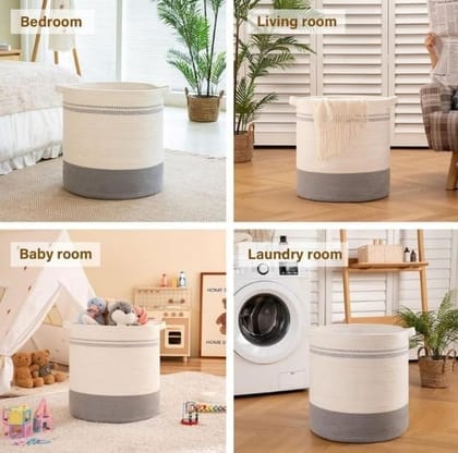 Generic Cotton Pack Of_1 12x14 Inch Storage Basket For Clothes (Grey-White)-PID66433
