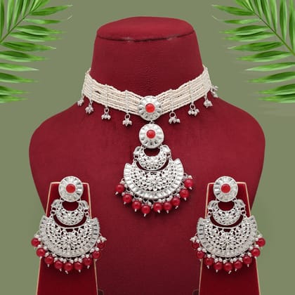 Maroon Color Choker Kundan Necklace Set-Adjustable rope / Maroon / Necklace Length: 26.00 CM x Width: 5.00 CM