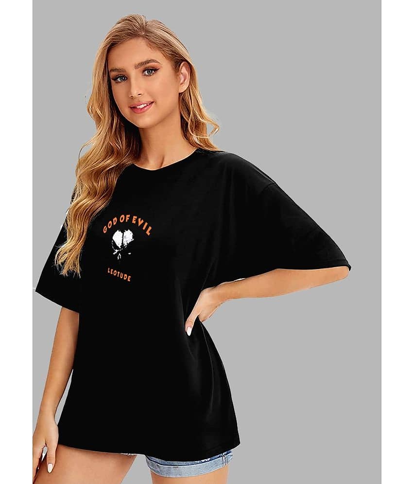 Trond Women Cotton Blend Printed Oversized Fit Round Neck T-Shirt ( Black )