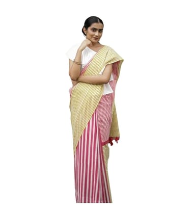 DARSHANS Women's Linen Printed Saree With Unstitched Blouse 5.5Mtr (Yellow)-PID65208