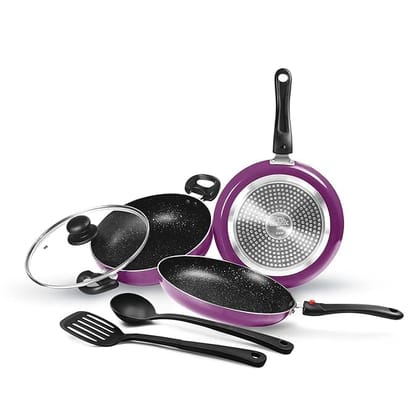 Cook Kitchen Jewel Set of 5 Non Stick Cookware | Induction and Gas Stove Friendly I Cooking Pan, Kadhai with Lid, Tawa I Dark Purple_assorted colour