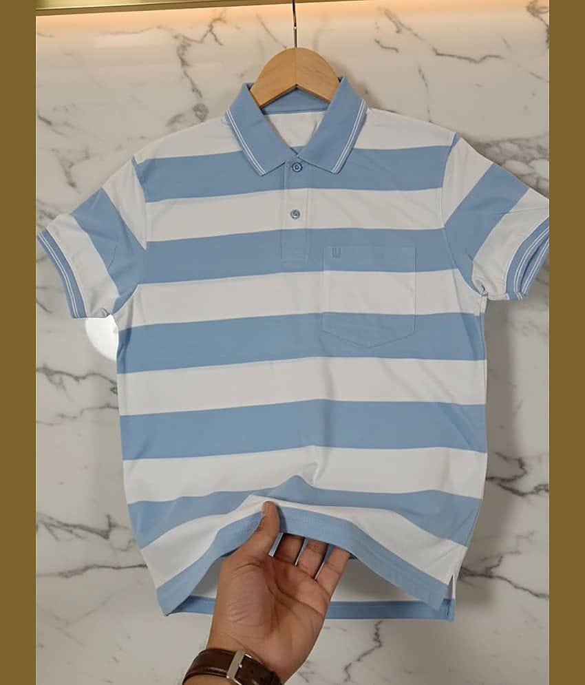 UNIBERRY Men Cotton Blend Regular Fit Striped Polo T Shirt ( Sky Blue )
