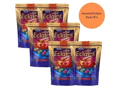 Derby Assorted Eclairs | Cruncheez Eclairs | Pack Of 6 | 50Pcs Each pack | Four Flavors Elaichi, Milk, Coconut & Rose | Candies | Chocolates| Candy